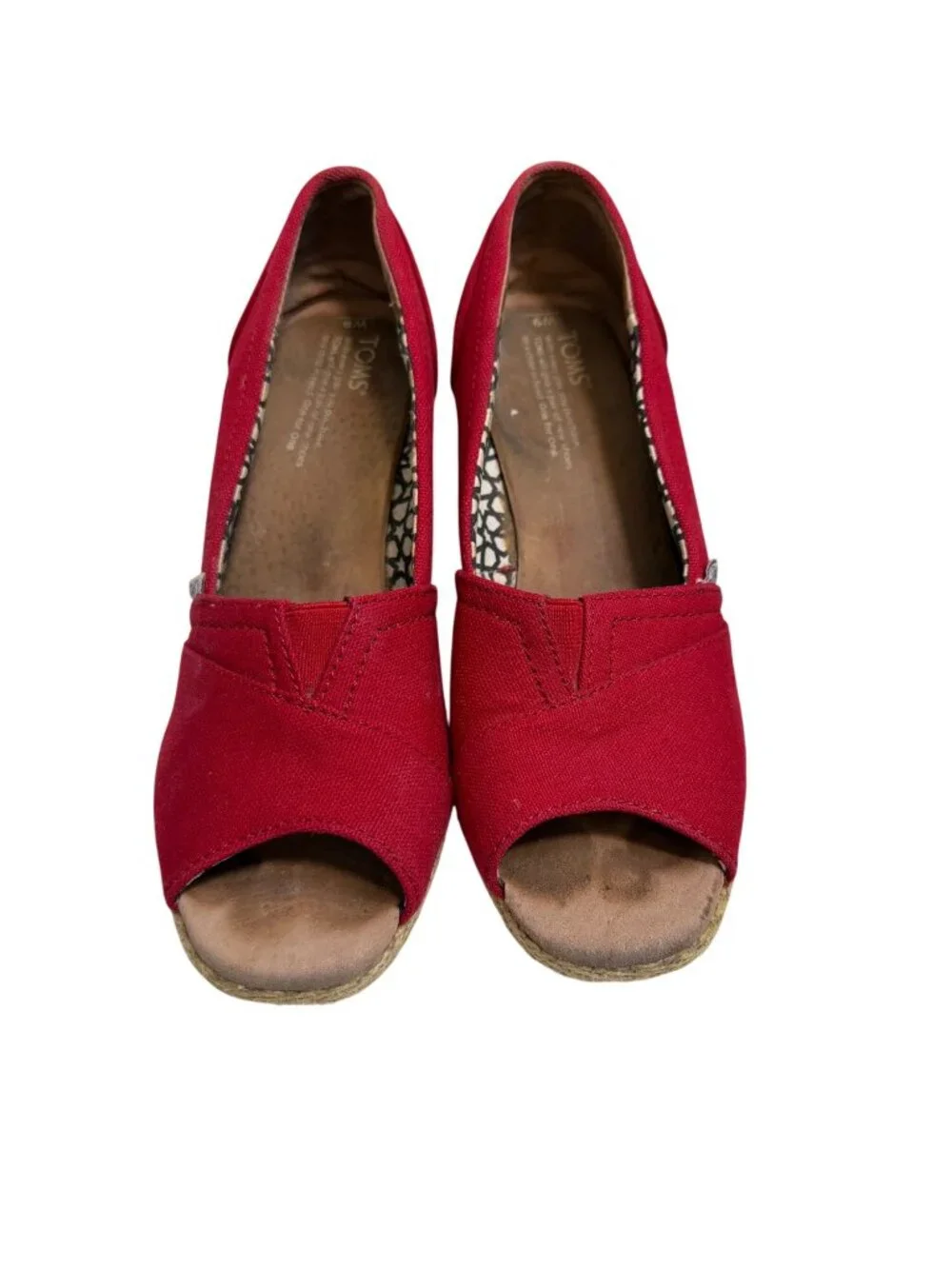 Toms Red Canvas Peep-Toe Wedge Heels Womens Size 9M Espadrille Style